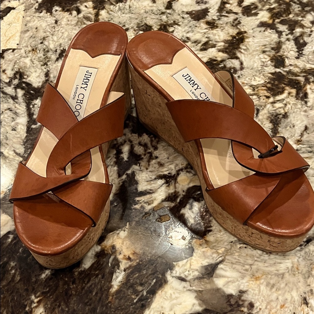 Jimmy Choo Tan Leather Cork Platform Wedge Sandals - Picture 2 of 5